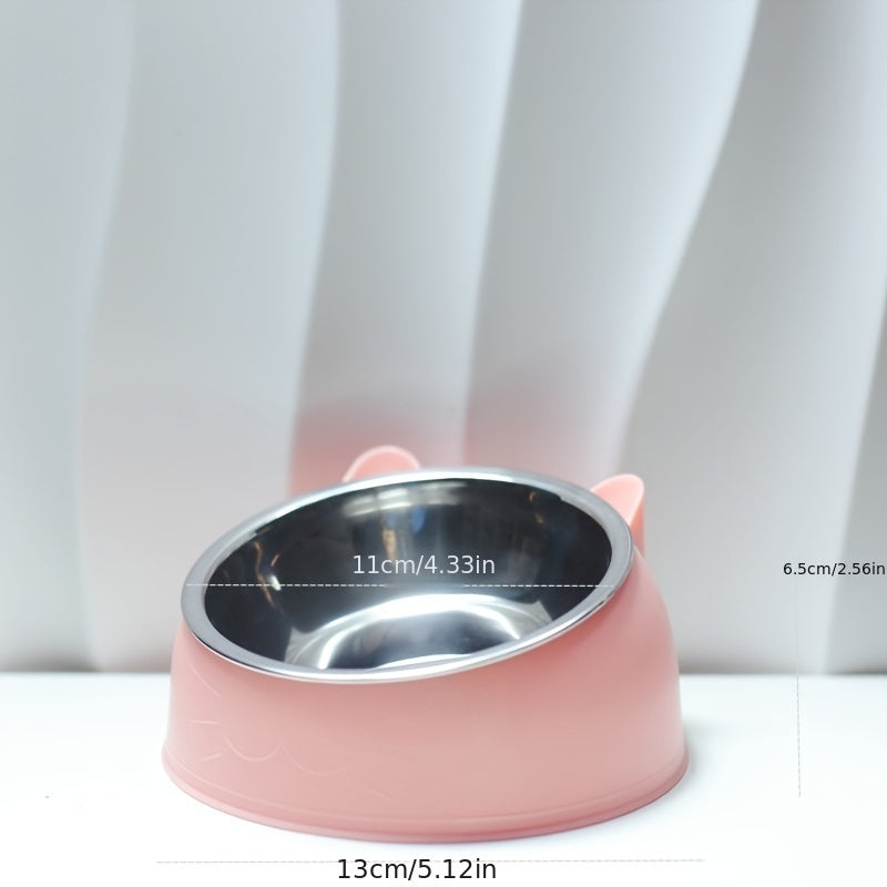 Raised stainless steel cat feeder bowl with non-slip base for neck protection, holds 100ml of food or water.