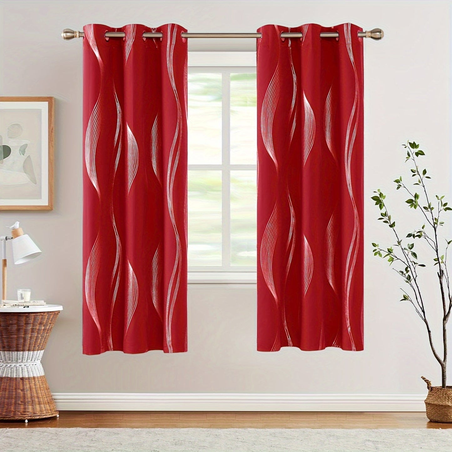 Two pieces of contemporary blackout curtains made from high-quality woven polyester, featuring a grommet top design for easy hanging. These room darkening drapes are machine washable and showcase a fantasy stripe pattern with eyelet detailing. Suitable