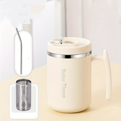 Stylish stainless steel coffee mug with straw, handle, perfect for office, reading, camping. Available in orange, light blue, cream, ideal for drinking coffee or tea.