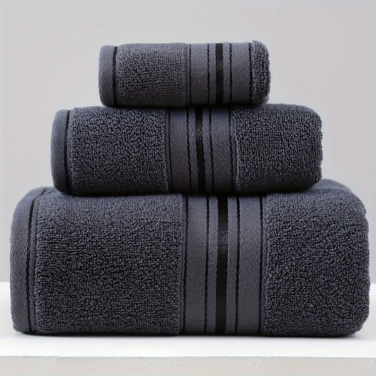 3-piece cotton towel set includes a washcloth, hand towel, and bath towel. Absorbent, quick-drying, super soft, and skin-friendly. Ideal for home bathroom use.