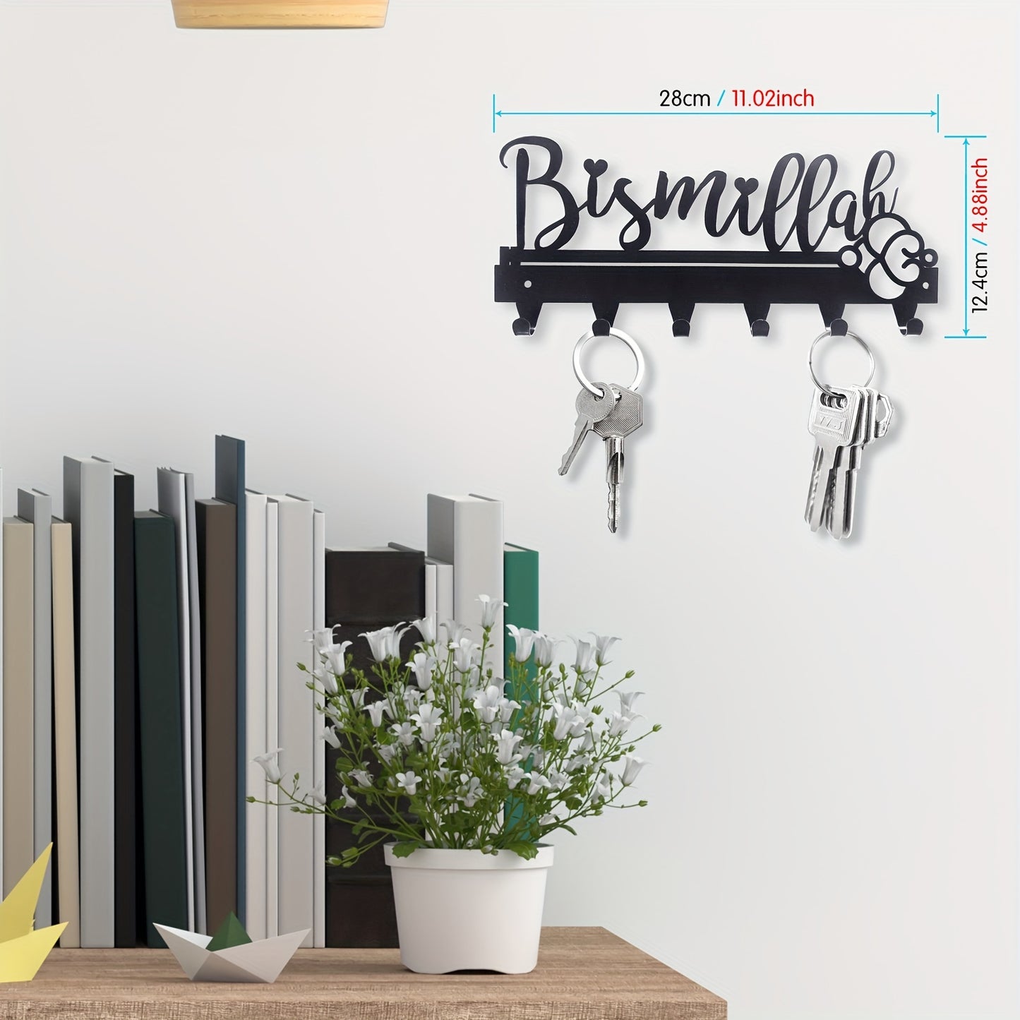 1-pc Bismillah Metal Key Holder: Black decorative wall-mounted key organizer for entryway and kitchen. Wall decor with key hooks, ideal for home and kitchen storage. Wall-mounted version