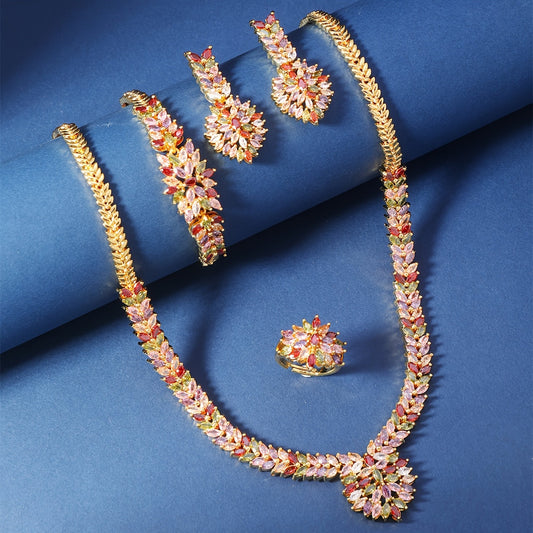 Beautiful Vintage Arab Fashion 24K Golden Plated Jewelry Set embellished with Colorful zirconia - Featuring an Elegant Flower Design Copper 4-Piece Set consisting of Ring, Earrings, Necklace, and Bracelet, perfect for Weddings, Festivals, or as a