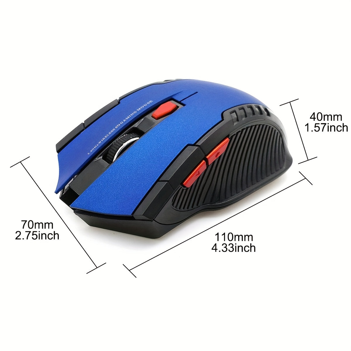 2.4G Wireless Gaming Mouse with ergonomic design, comfort grip, 10m range, adjustable DPI, stylish appearance, suitable for desktop and laptop use, made of plastic material.