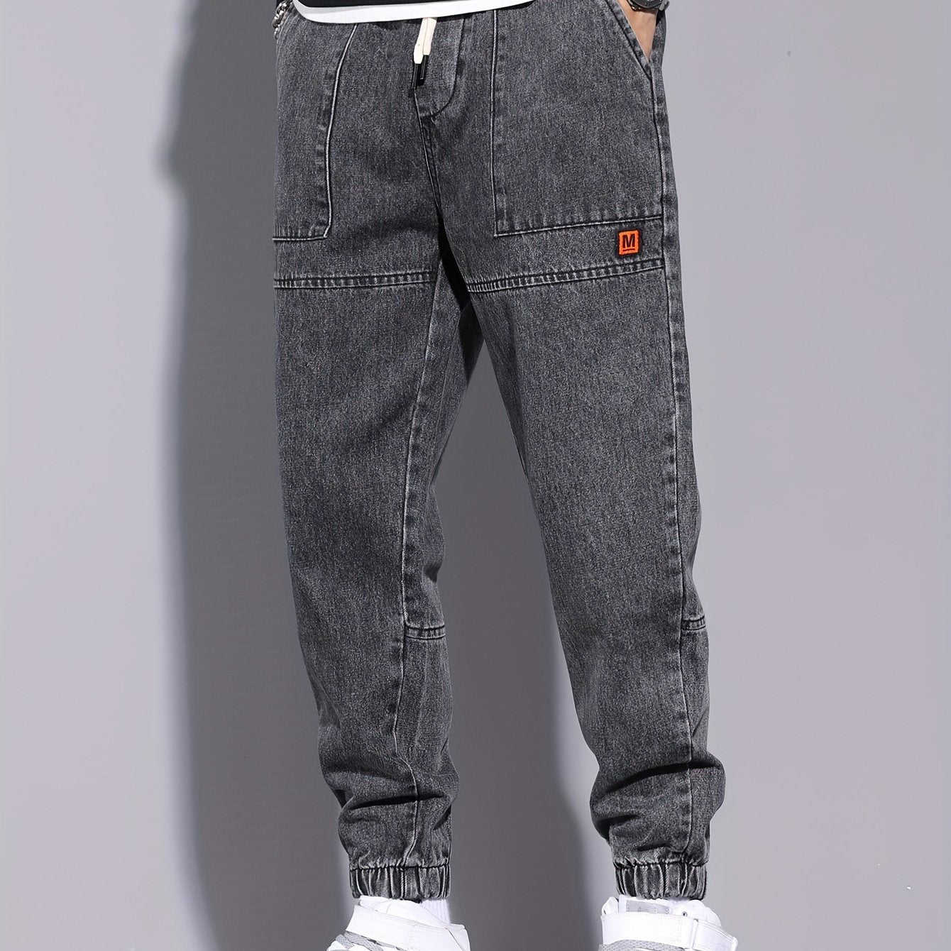 Men's harem jeans with elastic drawstring waist, perfect for all seasons.