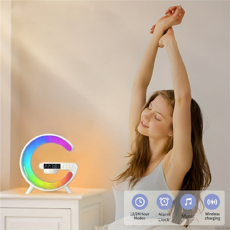 Compact multifunctional wireless charger with stand, speaker, RGB night light, and fast charging capabilities. Perfect gift for iPhone, Samsung, and Xiaomi users.