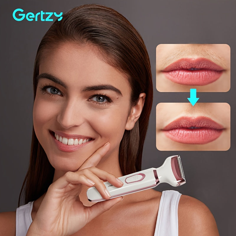 4-in-1 rechargeable electric razor for women. Can be used for face, nose, legs, underarm, and bikini trimming. Wet & dry, painless grooming kit. Portable and rechargeable.