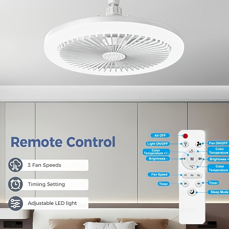 17-mode smart LED fan with light, 3-speed dimmable ceiling fan, invisible bladeless design, remote control, E27 interface, indoor use, modern flush mount for home, office, restaurant.