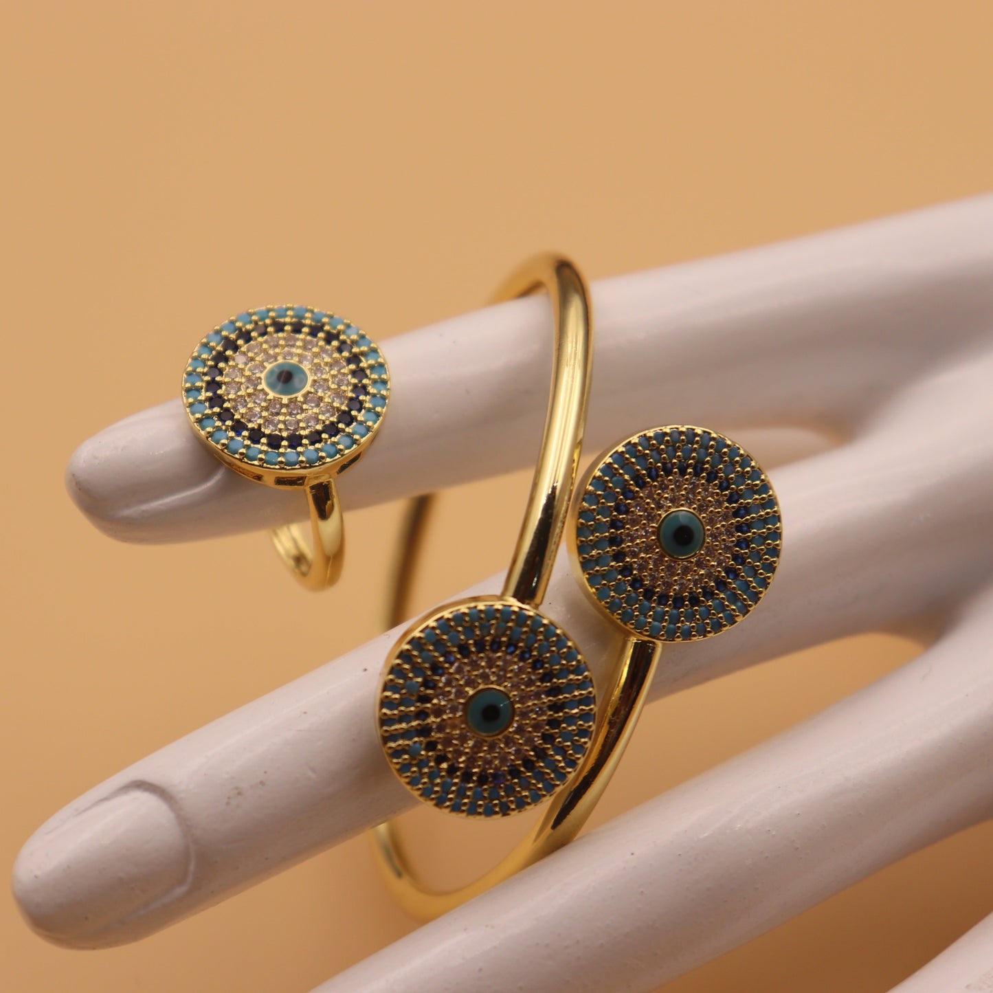 24K gold plated bangle with ring featuring elegant turquoise inlay, ideal for special occasions and festivities. Crafted from high-quality alloy for long-lasting wear.