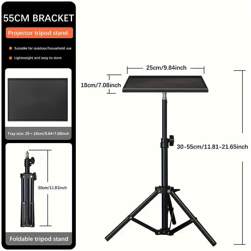 Adjustable projector stand with tray for desktop or floor use, compatible with most projectors and cameras, foldable for easy storage.