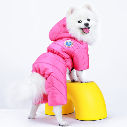 Winter dog jacket for small to medium breeds - waterproof, warm, and windproof with anticold insulation. Yellow hooded design with soft polyester lining. Machine washable.