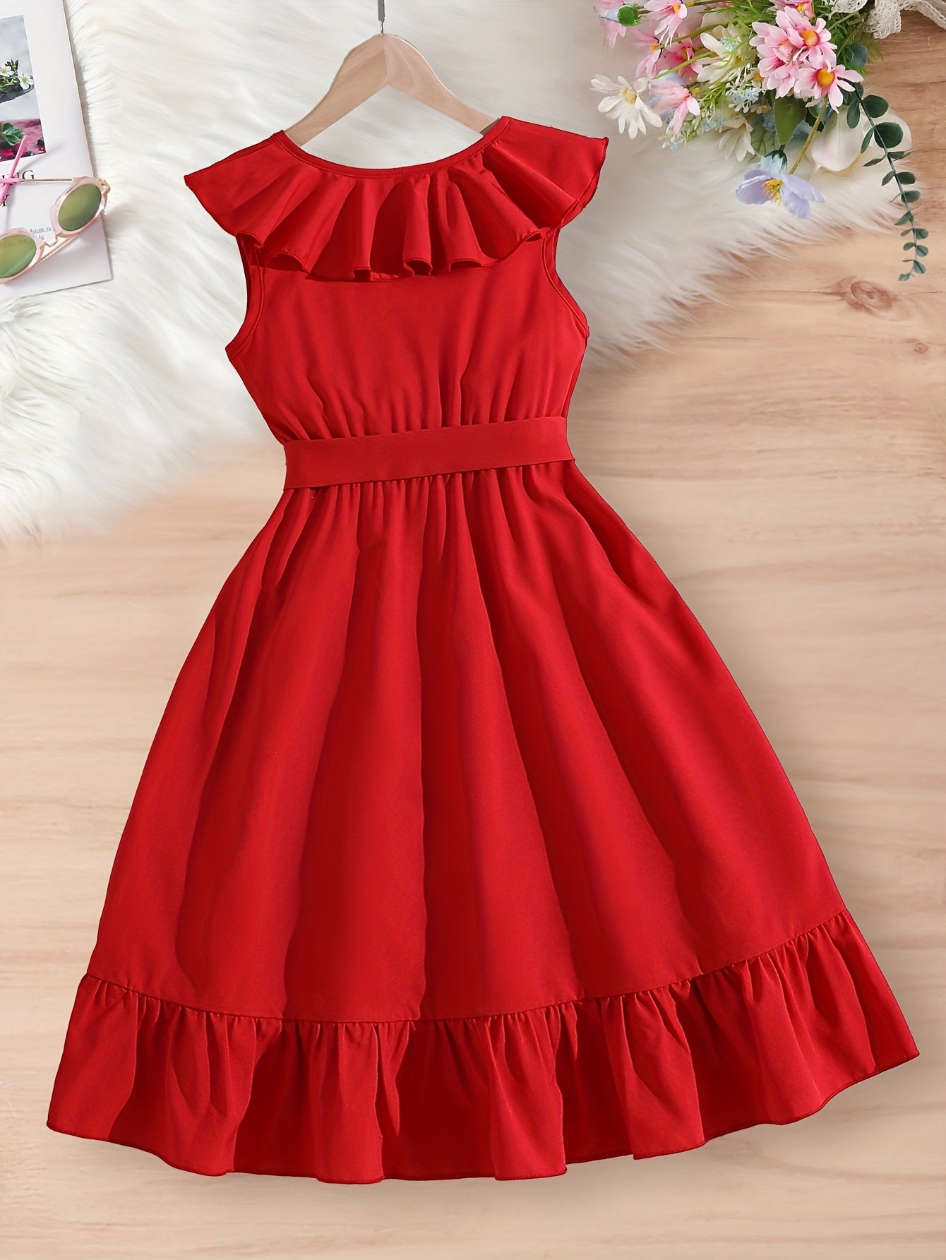 Beautiful V-neck sleeveless dress with frill trim for girls, perfect for holiday casual wear. Great summer clothing gift.