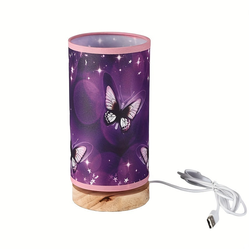 Purple butterfly table lamp with wood base - ideal for bedside or room decor.