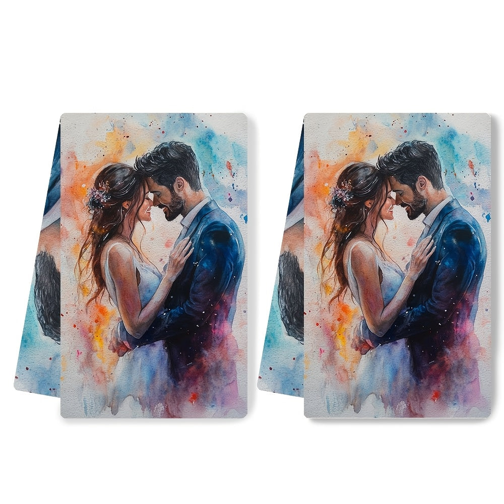 Two pieces of romantic watercolor couple kitchen towels.
These towels are ultra soft and highly absorbent, made of polyester.
With dimensions of 40.64x60.96 cm, they are perfect for drying dishes.
They are machine washable and feature vibrant holiday