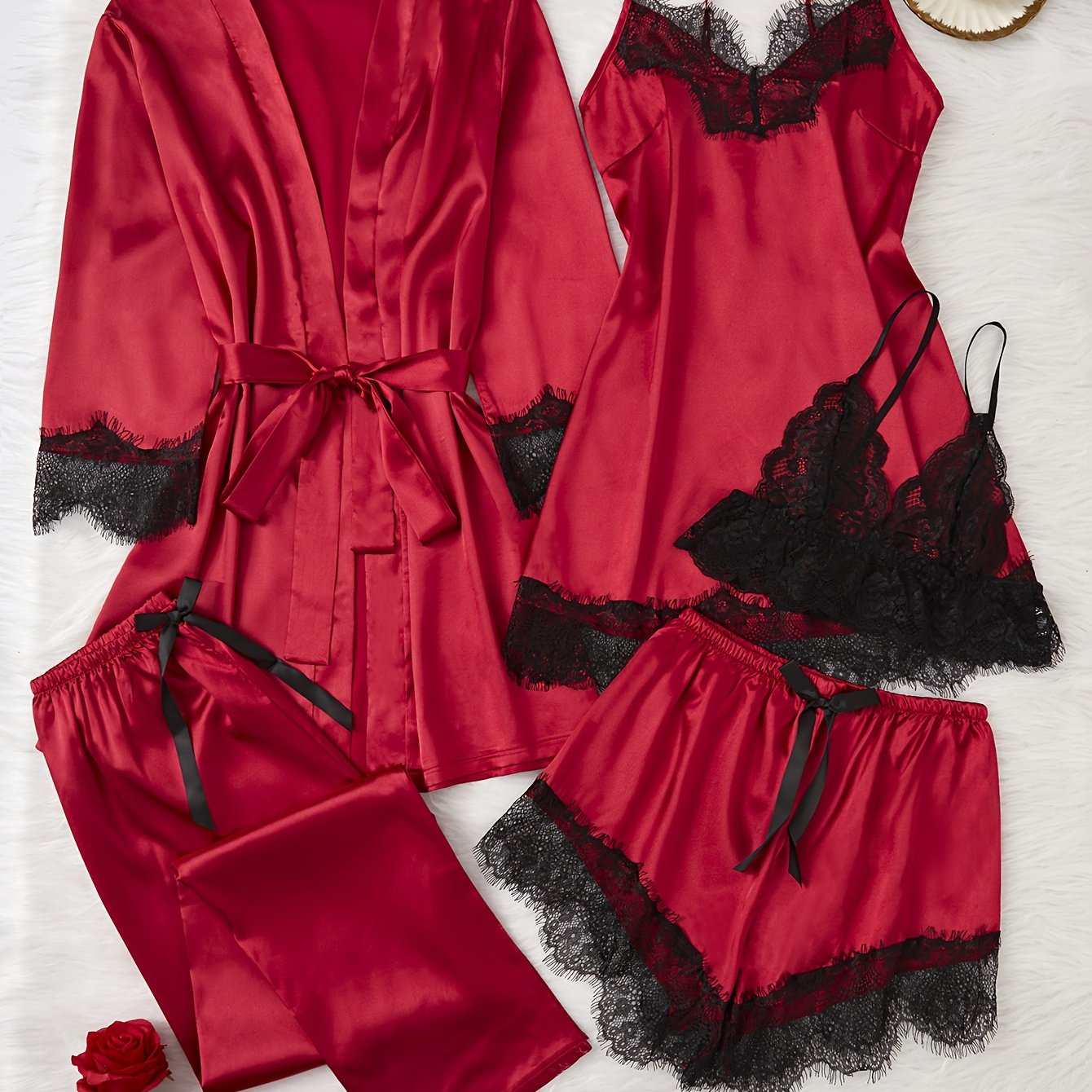 5-piece elegant teen pajama set with satin V-neck top, lace detail, shorts, pants, and robe. Made of 96.5% polyester and 3.5% elastane for all-season comfort. 120gsm.