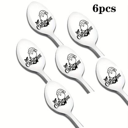 Stainless Steel Spoon Laser Engraved with "Merry Christmas" Design, Perfect for Halloween/Christmas Gifts, Theme Parties, and Gifts for Friends, Family, Classmates, and Colleagues, 2/4/6 Pack, Long Handle