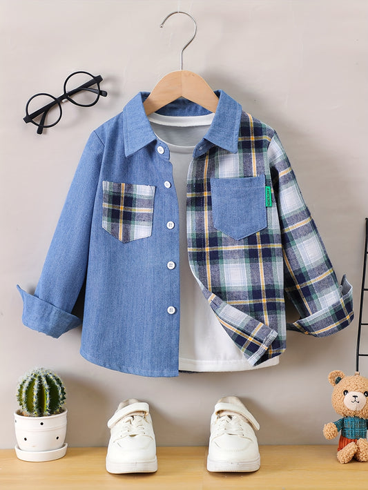 Boys' Plaid Denim Shirt, 65% Polyester blend, Long Sleeve with Pockets, Regular Fit for all seasons - Non-Stretch, suitable for hiking