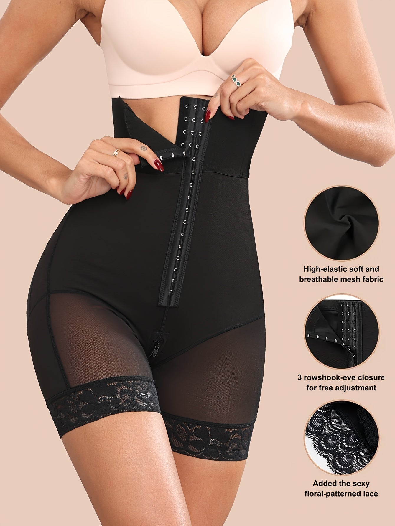 High-waisted shapewear briefs for women with hip and abdomen control, post-surgery compression, butt lifting, thigh slimming, adjustable hooks, and breathable mesh with lace detailing.