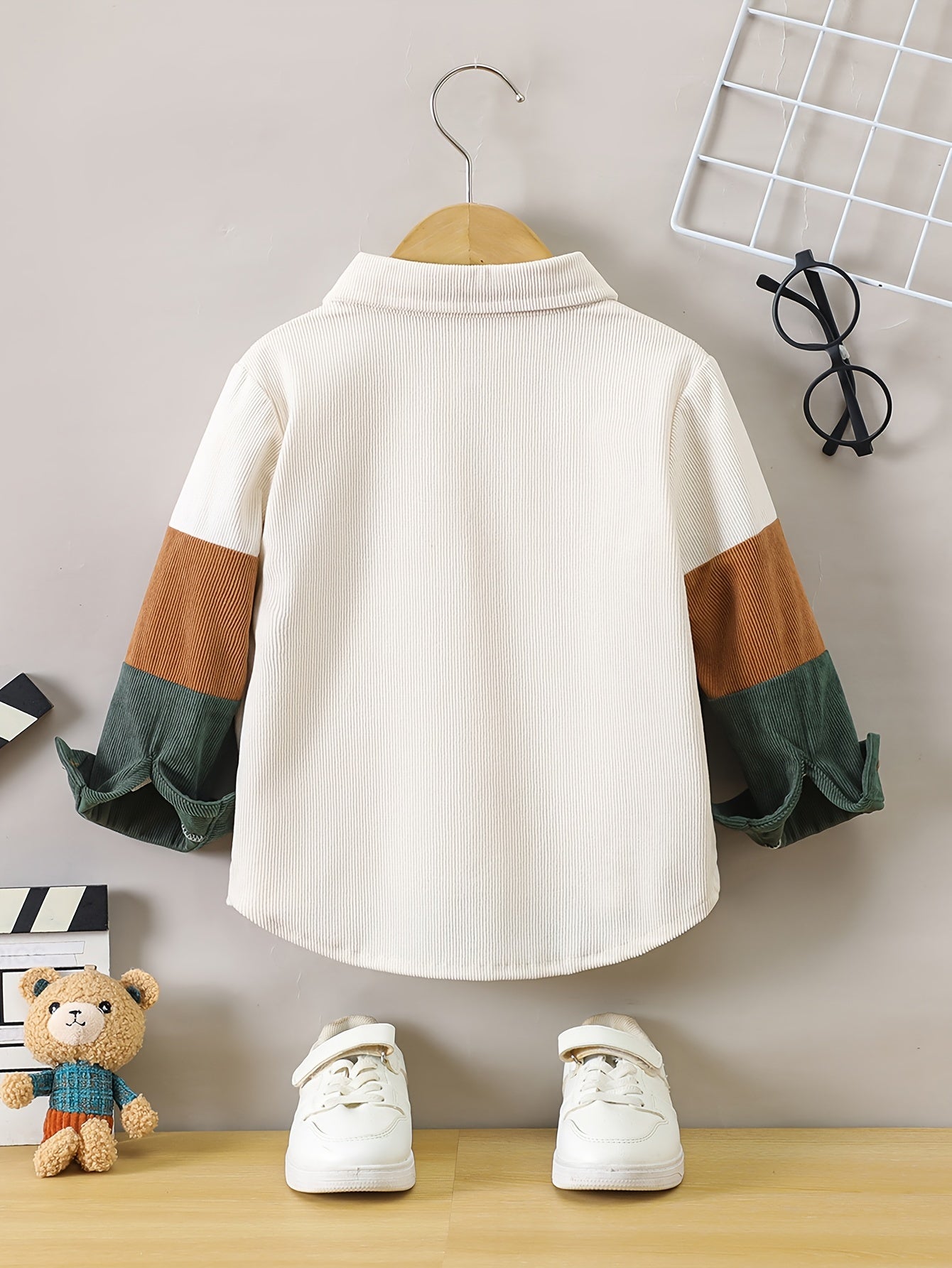 Boys' Color Block Corduroy Shirt - Casual, Loose Fit Button-Up, Pockets, Long Sleeve, Beige/Brown/Green/White, Machine Washable, Spring/Fall Wear