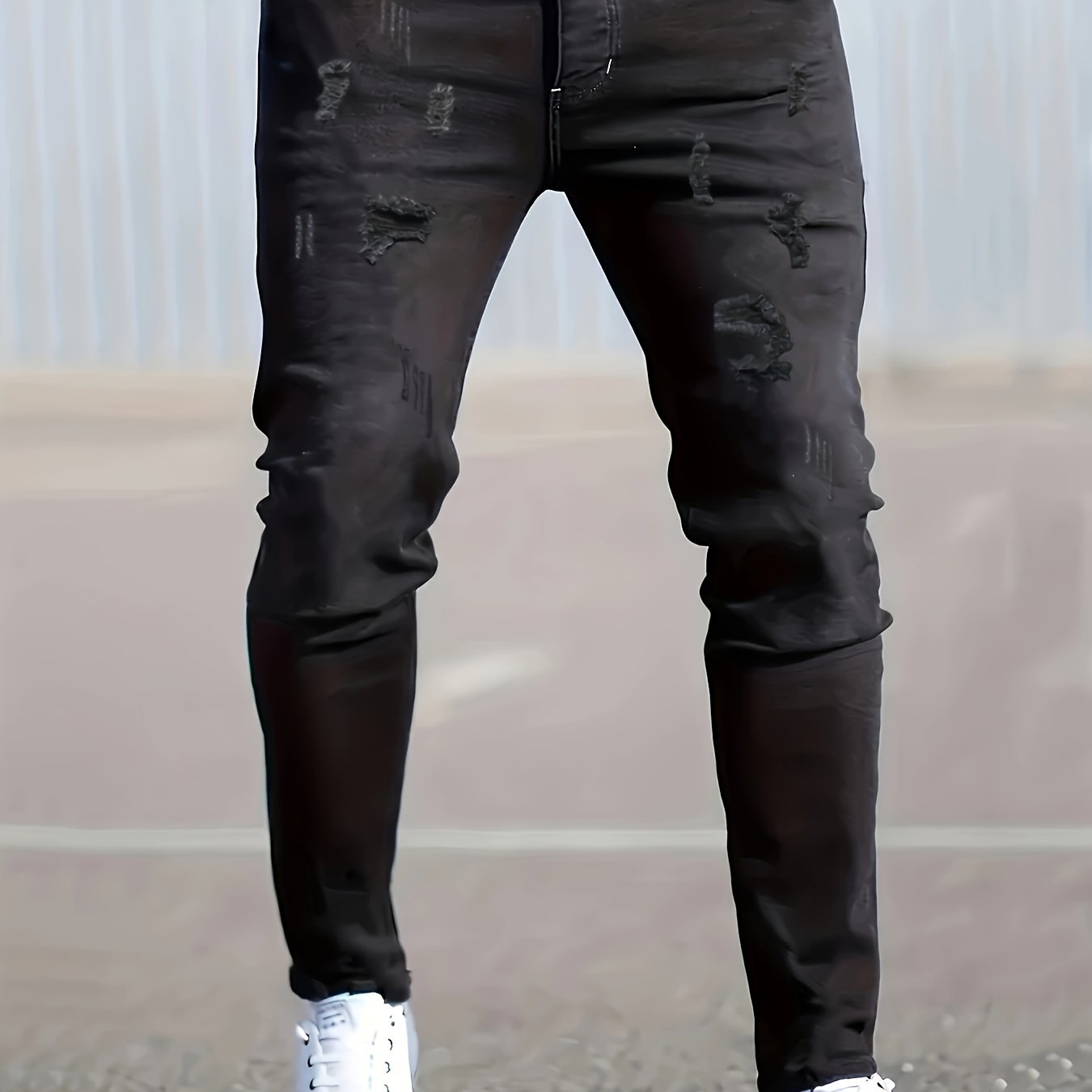 Men's Stretch Skinny Ripped Jeans in Classic Black, Machine Washable, Ideal for All Seasons