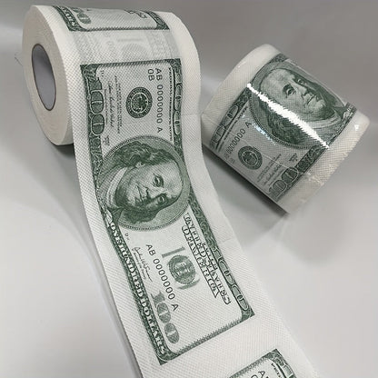 A humorous $100 bill toilet paper roll featuring money pattern design. Made of wood pulp paper tissue, this novel gift is perfect for household cleaning supplies, party supplies, party decor, home decor, or as a unique holiday gift.