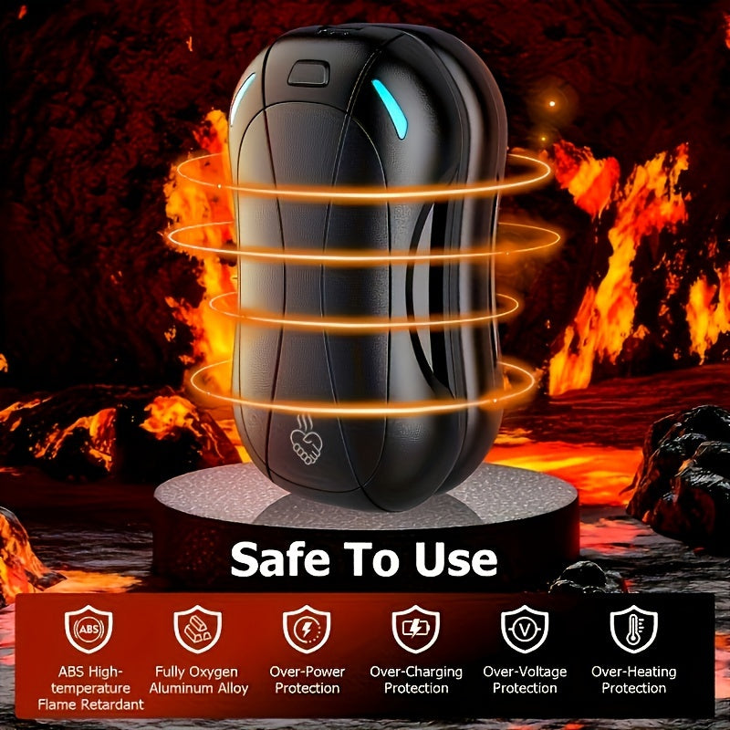 Stay warm on the go with this Portable Dual-Sided Heated Hand Warmer. Featuring a powerful 6000mAh lithium battery and USB rechargeable design, this hand warmer provides up to 5-10 hours of heat on a single charge. Made of durable ABS material, it is