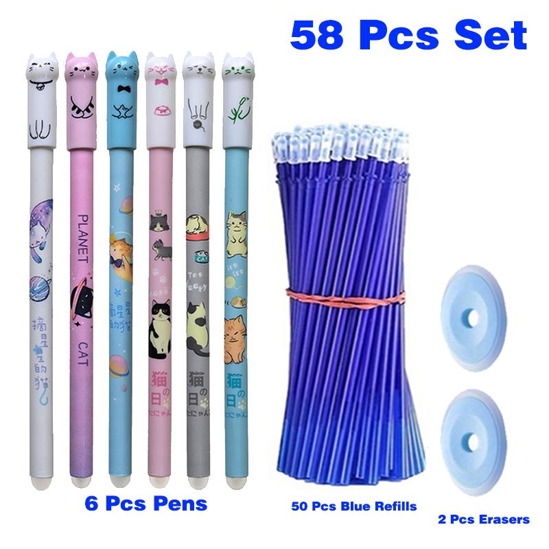 Set of 58 Creative Cat Erasable Gel Pens with 50 Replacement Refills, 0.5mm Blue Ink, Washable Handle. Includes 6 Pens, 50 Refills, and 2 Erasers. Great for office supplies.