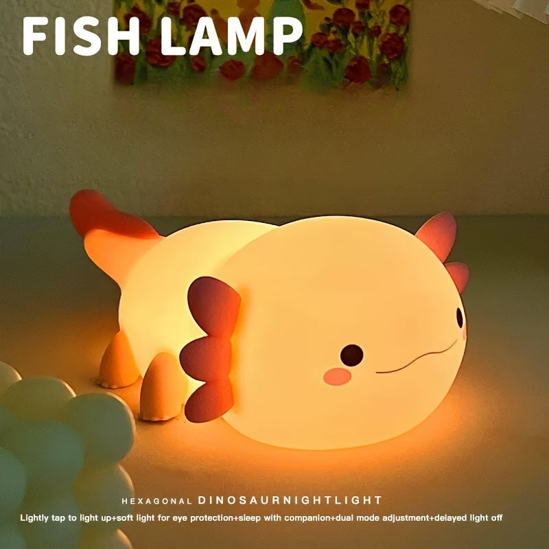 Cute Axolotl night light with touch control, dimming, and timer. USB rechargeable silicone lamp for kids' bedrooms.