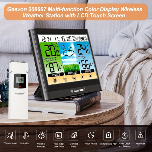 GEEVON Wireless Temperature Humidity Meter with Dew Point, Heat Index, Touch LCD display, Alarm, Adjustable Backlight, RFID function, and AC power supply. Made of ABS material.