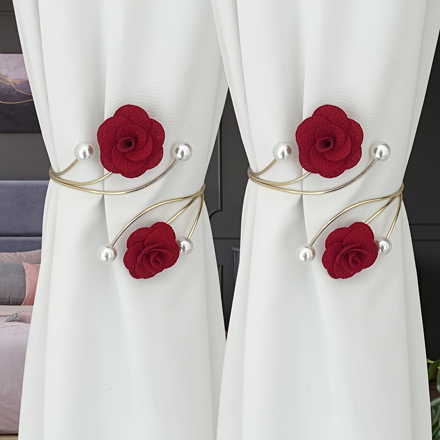 Set of 2 Rose Flower Design Curtain Tiebacks, Made with Metal and Polyester, Ideal for Holding Back Curtains and Adding a Decorative Touch to Your Space