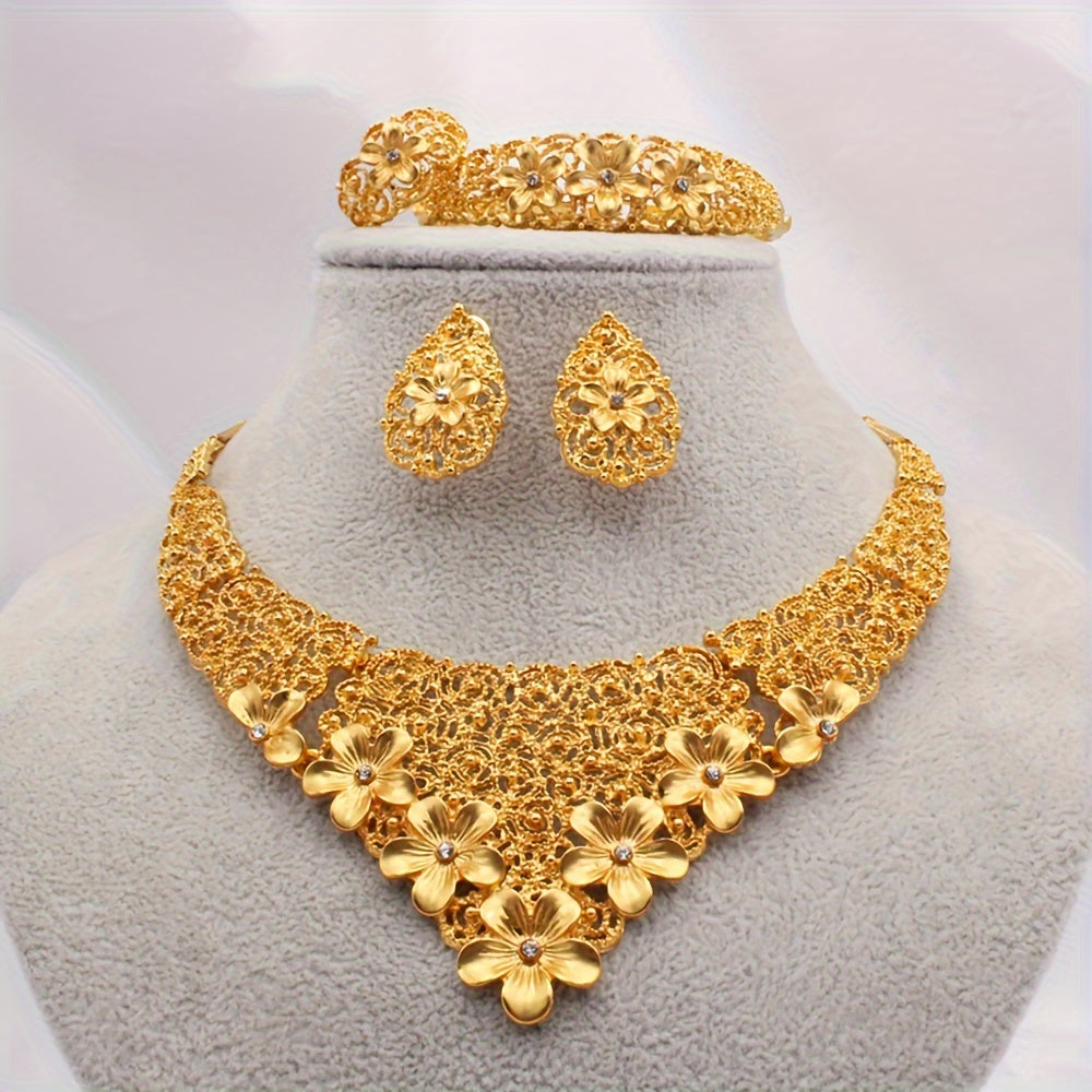 A Middle Eastern Dubai women's wedding jewelry set includes one necklace, one bracelet, one ring, and two earrings. This elegant European and American African bride wedding jewelry set features a necklace, bracelet, earrings, and a ring.