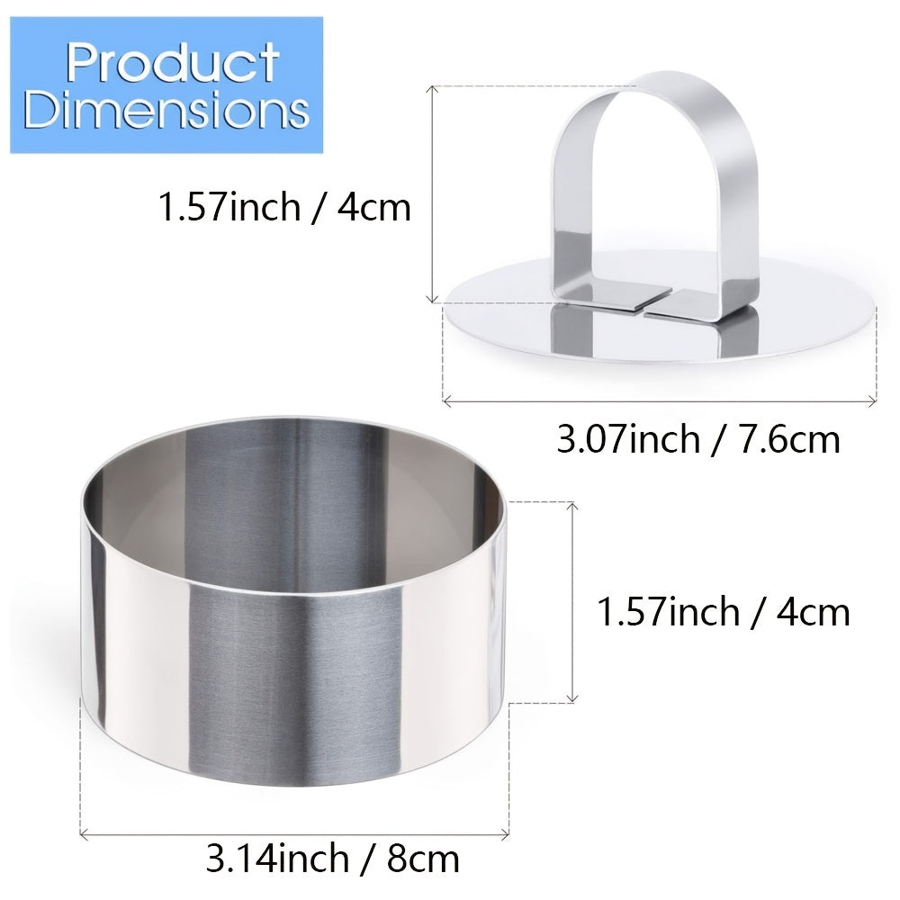 Round Cake Mold Set includes 2, 4, or 8 pieces made of stainless steel. Perfect for creating mousse cakes with an 8.0 cm diameter cake ring.