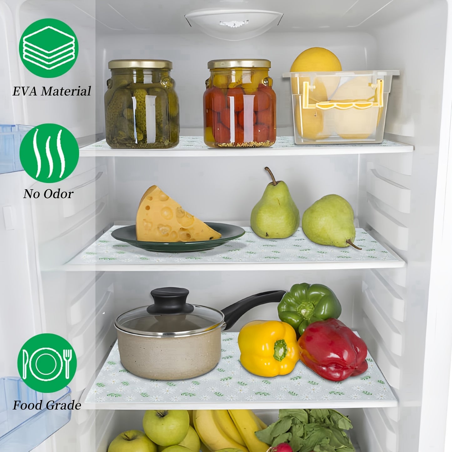 Elegant daisy pattern EVA shelf liner, waterproof, non-slip, and versatile for various uses in the home. BPA-free, odorless, easy to clean and cut. Ideal for kitchen cabinets, drawers, refrigerators, tables, wardrobes, and shoe cabinets. Transparent