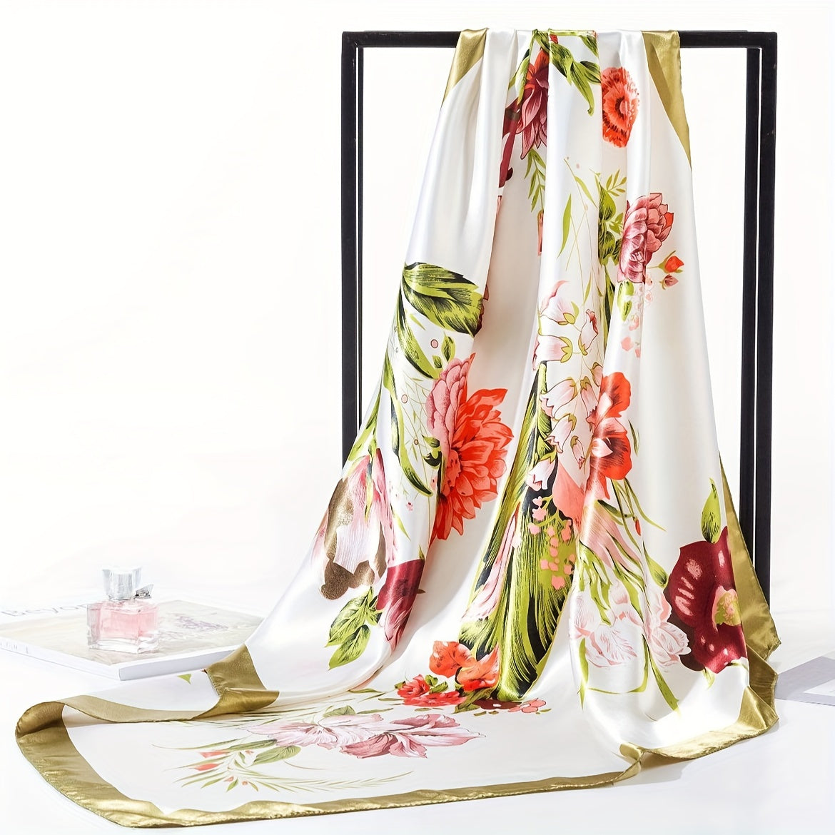 Versatile polyester floral print square scarf for women, featuring a classic style that is breathable, lightweight, and offers sun protection.