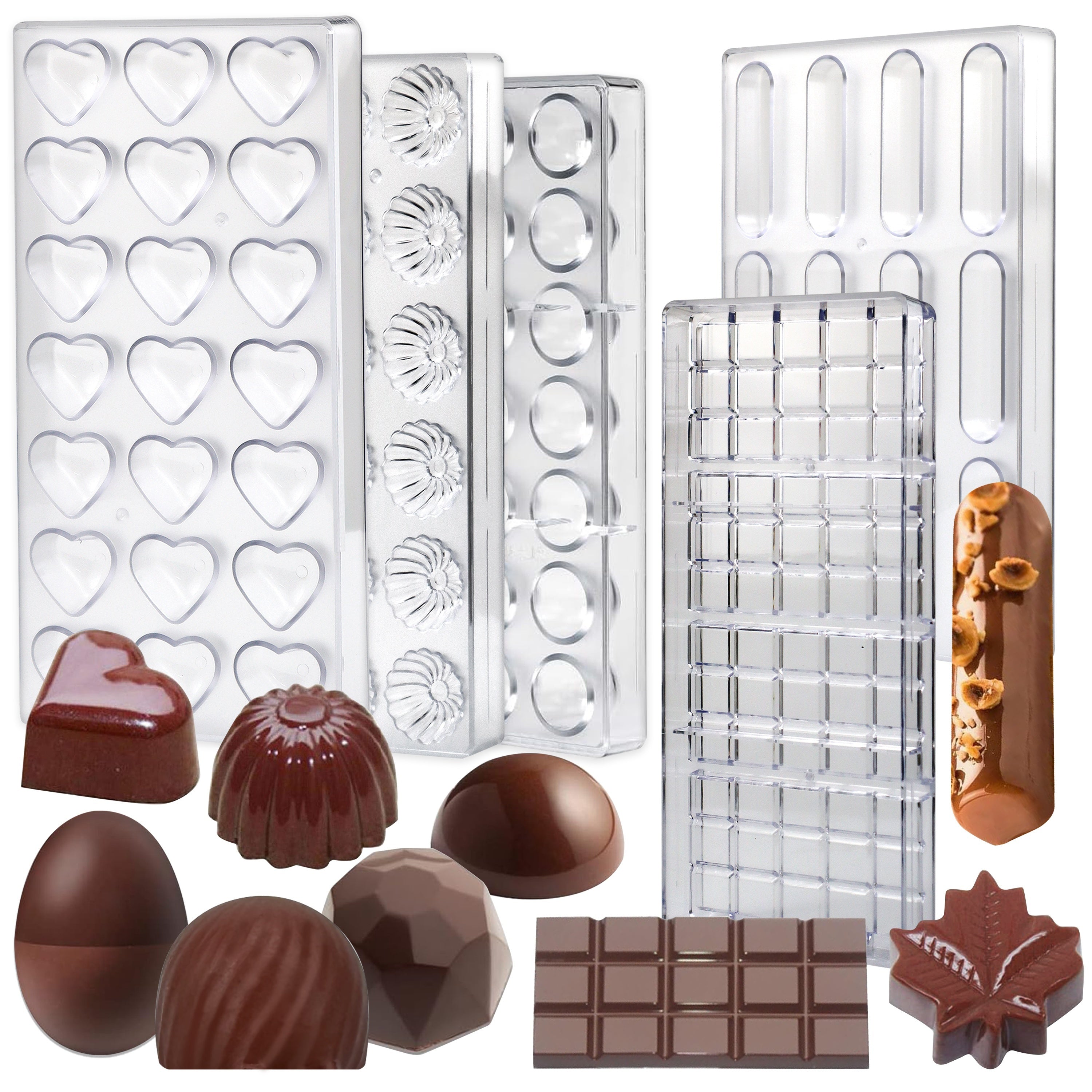 Set of plastic chocolate molds that are free of BPA, featuring various shapes such as hearts, eggs, bars, and diamonds for making mousse, jelly, candies, and truffles. Perfect for creating sweet treats for Easter, Thanksgiving, Valentine's Day, Mother's