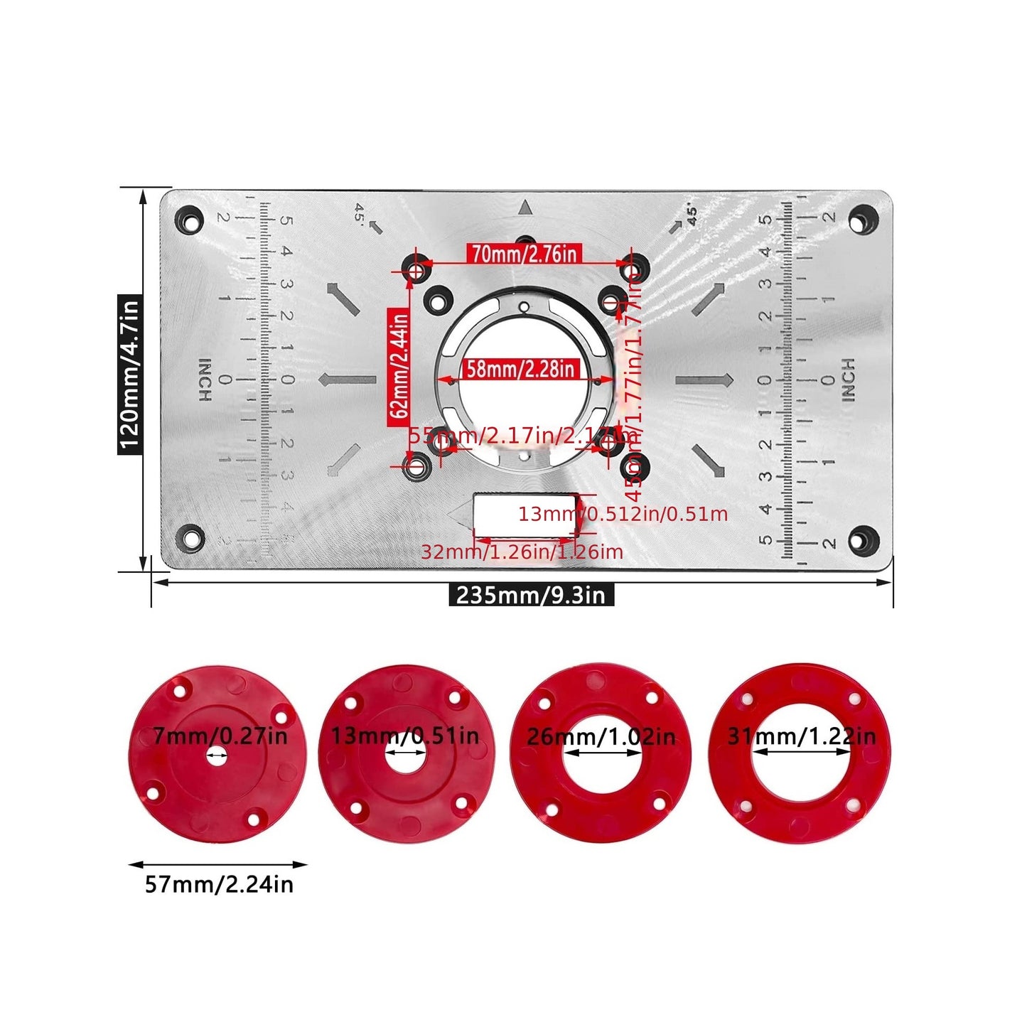 Router Table Insert Plate Table made of aluminum for woodworking benches and tools, includes 4 rings and compatible with table saws, suitable for engraving and multifunctional wood plate