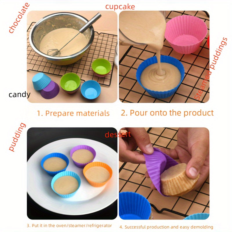 12 or 24 pieces of silicone cupcake and muffin liners that are reusable - they have the perfect shape, are non-stick, and easy to clean, making them essential baking tools for every occasion.