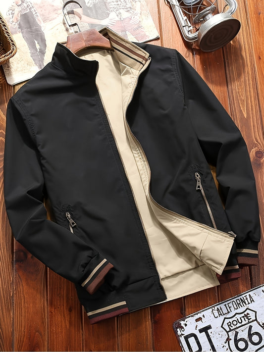 Men's casual jacket with stand collar, made of 100% polyester softshell fabric. Features a regular fit, zipper closure, and solid color design.