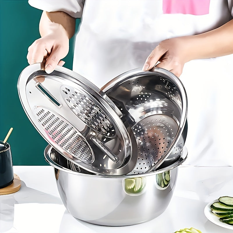 3-piece stainless steel kitchen set featuring an integrated grater, multifunctional strainer, and mixing bowl. Ideal for washing and slicing fruits, vegetables, and cheese. These food-safe prep bowls also come equipped with a drainage system for added