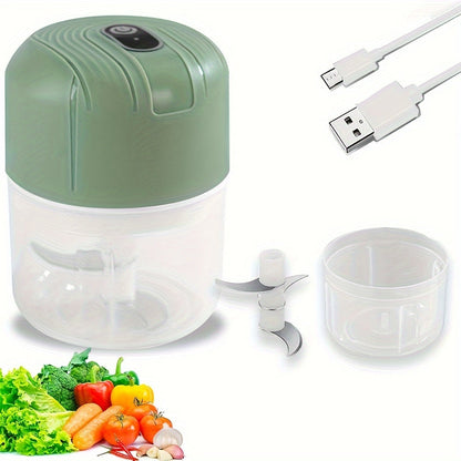 Round plastic container containing a portable multifunctional food chopper that is USB rechargeable. This versatile appliance can be used as a vegetable dicer, garlic masher, manual food processor, and electric mini kitchen appliance with a lithium