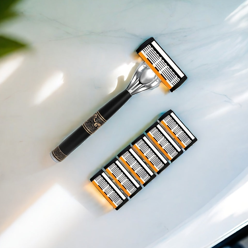 Men's premium stainless steel safety razor with ultra-sharp blades for smooth shaving and easy cleaning. Includes replacement blades for a close shave.