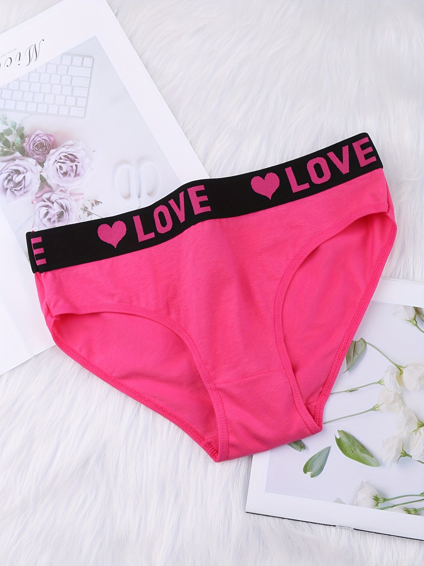 Colorblock low waist bikini panties with letter tape design, breathable and soft for women's lingerie and underwear.