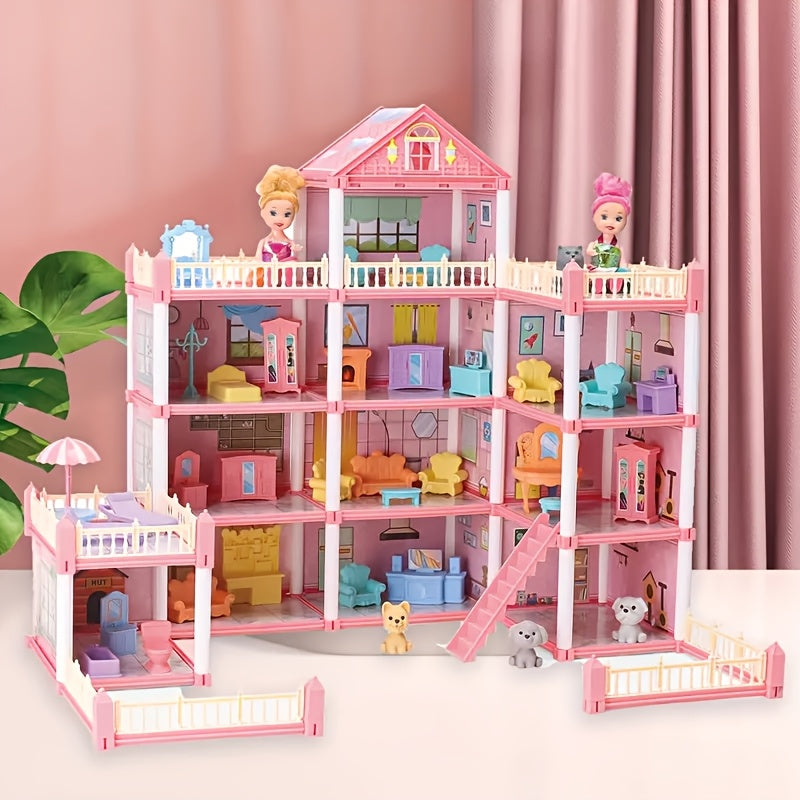 4-Story Pink Dollhouse Playset with Accessories and 2 Figures, Perfect Pretend Play Gift for Girls