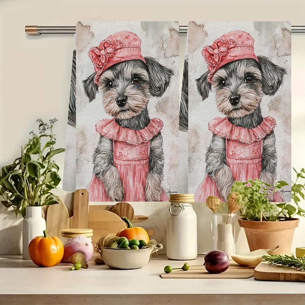 This set includes 2 ultra-soft kitchen towels with a cute Schnauzer puppy dressed up for Valentine's Day. The highly absorbent dish towels are great for holiday décor, machine washable, and measure 40.64x60.96 cm.