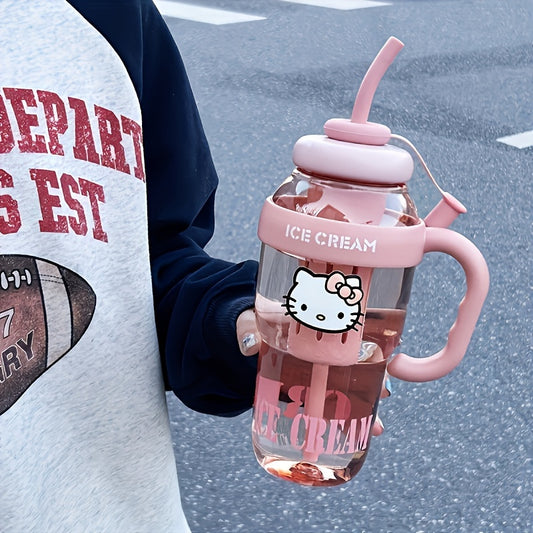 Большая бутылка для воды Sanrio Hello Kitty со straw, идеальная для спорта, офиса, кемпинга, дома и школы. Изготовлена из термостойкого PET-пластика.