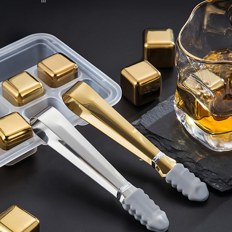 Set of 8 Stainless Steel Ice Cubes with Silicone Tong - Reusable Chilling Rocks for Whiskey, Cocktails, and Beverages. Quick-Freeze Metal Whiskey Stones, Food-Grade and perfect for Home Bar and Parties. Comes in Golden color, great for Wine Chilling and