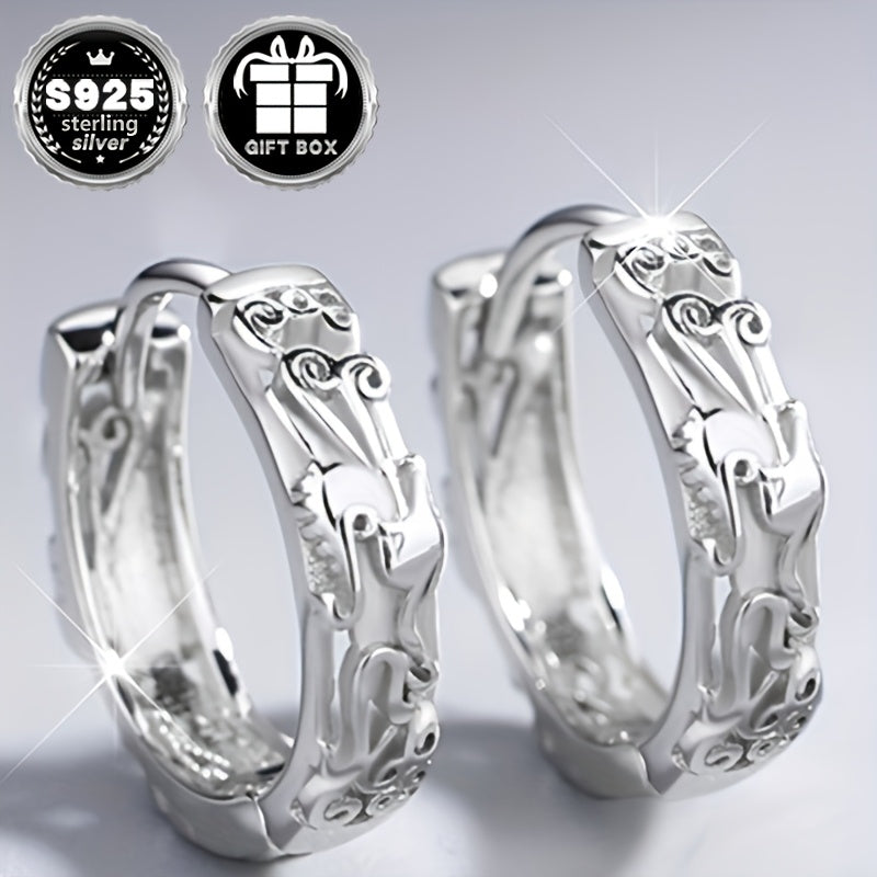 Dragon Zodiac Textured Hoop Earrings made of Hypoallergenic S925 Sterling Silver, featuring a Hollow design with an Artsy Ethnic Chinese Totem. Unisex Style, Lightweight Ear Jewelry weighing 2.9g/0.1oz