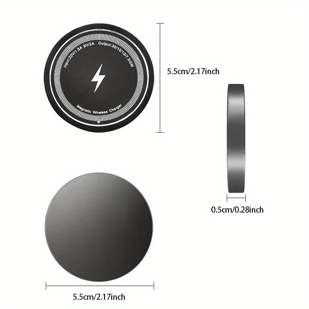 Fast-charging wireless charger pad for iPhone and Airpods, MagSafe compatible with dual input USB-C/A, sleek black design.