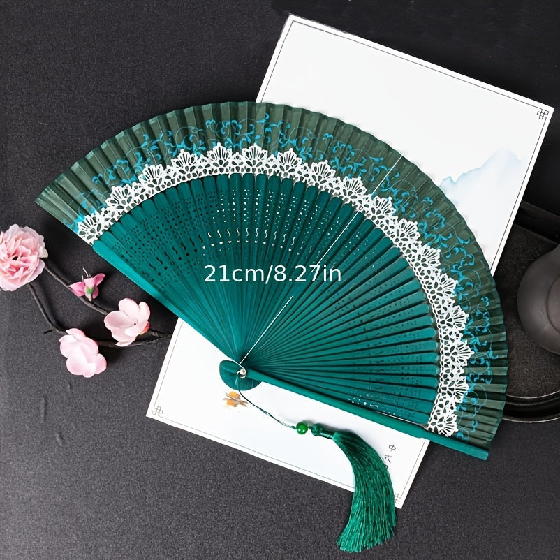 Portable folding fan in traditional Chinese lace style, crafted from bamboo in Japanese design. A unique vintage cultural gift and perfect pocket fan for personal use.