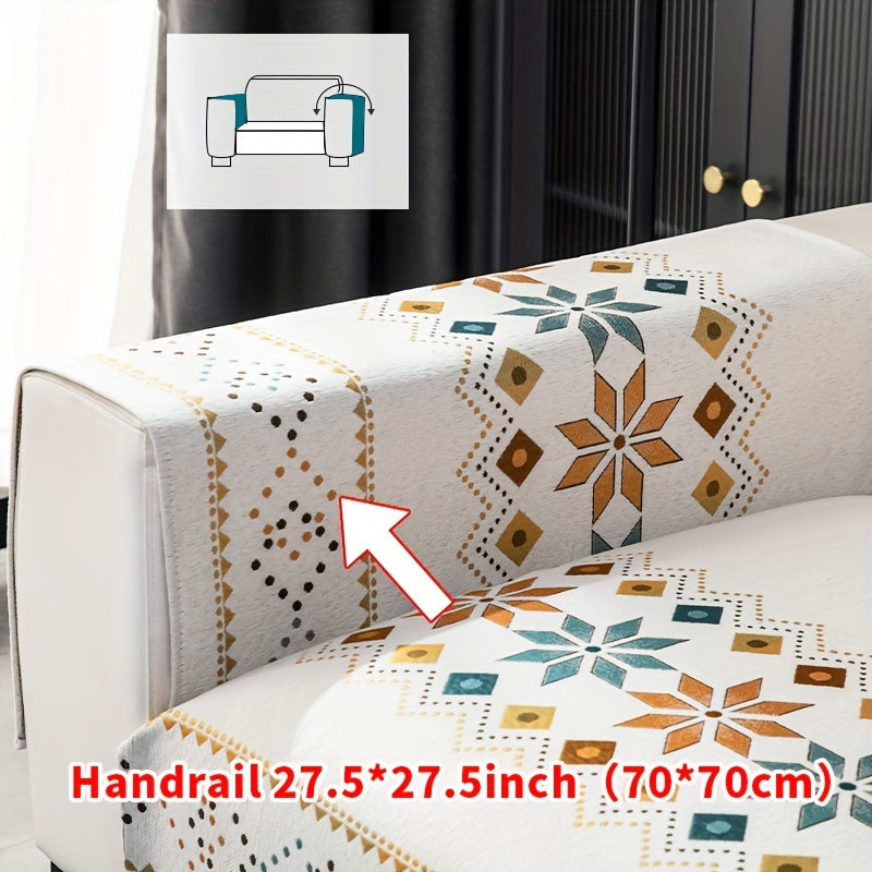 Bohemian four seasons chenille sofa cover with geometric embroidered pattern, offers sofa protection and non-slip feature for home decoration in bedroom, office, and living room.