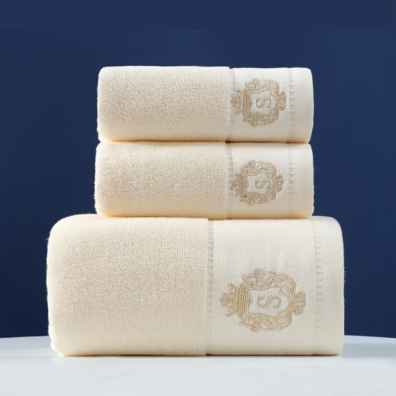 High-quality set of 3 pure cotton towels, soft and skin-friendly. Ideal for home, hotels, and beauty salons. Set includes 1 bath towel (380g, 70*140cm) and 2 face towels (100g each, 34*74cm). Excellent absorbency, perfect for bathroom promotions.